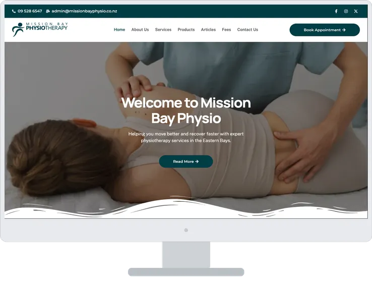 Mission Bay Physiotherapy website shown on a desktop computer