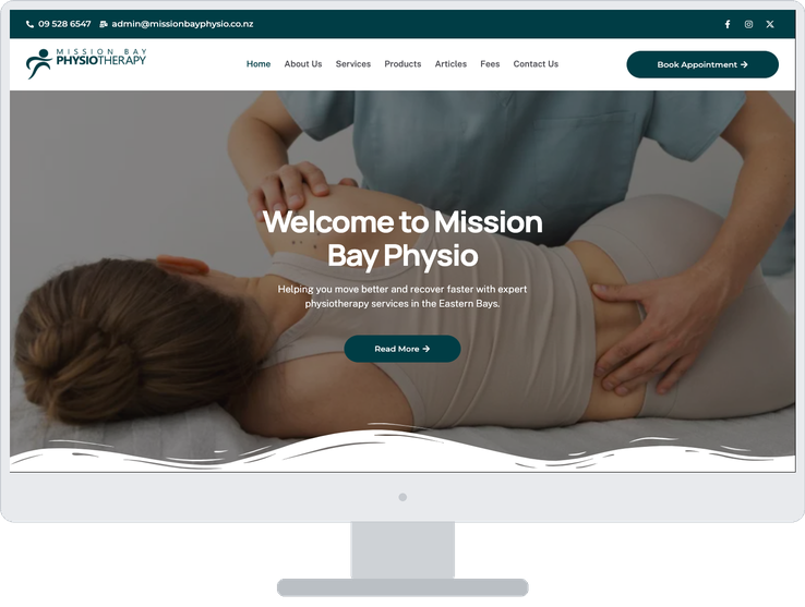 Mission Bay Physiotherapy website shown on a desktop browser
