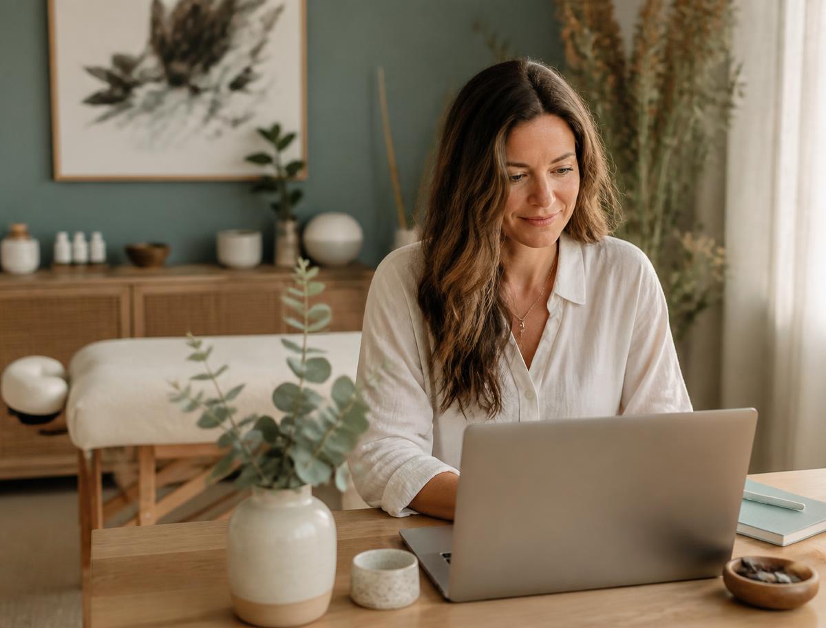Naturopath updating her clinic website from a calm treatment room