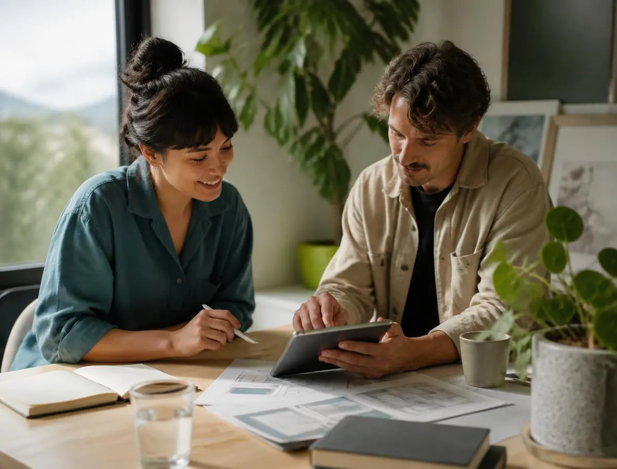 Two Wellness Websites designers reviewing website wireframes on a tablet