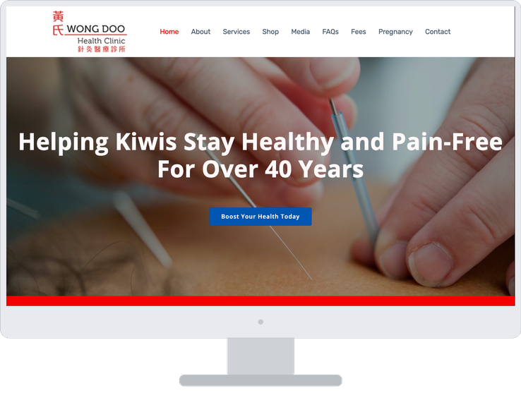 Wong Doo Health Clinic website shown on a desktop computer