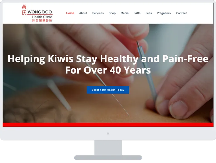 Wong Doo Health Clinic website shown on a desktop computer